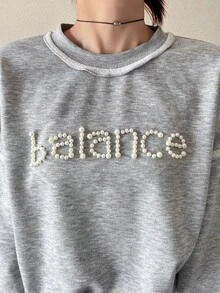 FRIFUL Women's Faux Pearl Letter Decor Casual Everyday Long Sleeve Sweatshirt Fall - Grey - View 4