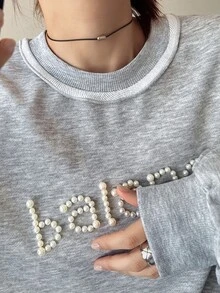 FRIFUL Women's Faux Pearl Letter Decor Casual Everyday Long Sleeve Sweatshirt Fall - Grey - View 6