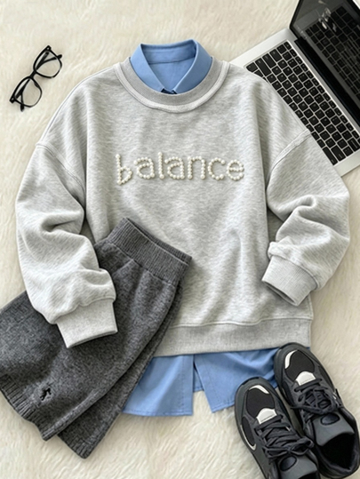FRIFUL Women's Faux Pearl Letter Decor Casual Everyday Long Sleeve Sweatshirt
