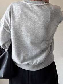 FRIFUL Women's Faux Pearl Letter Decor Casual Everyday Long Sleeve Sweatshirt Fall - Grey - View 5