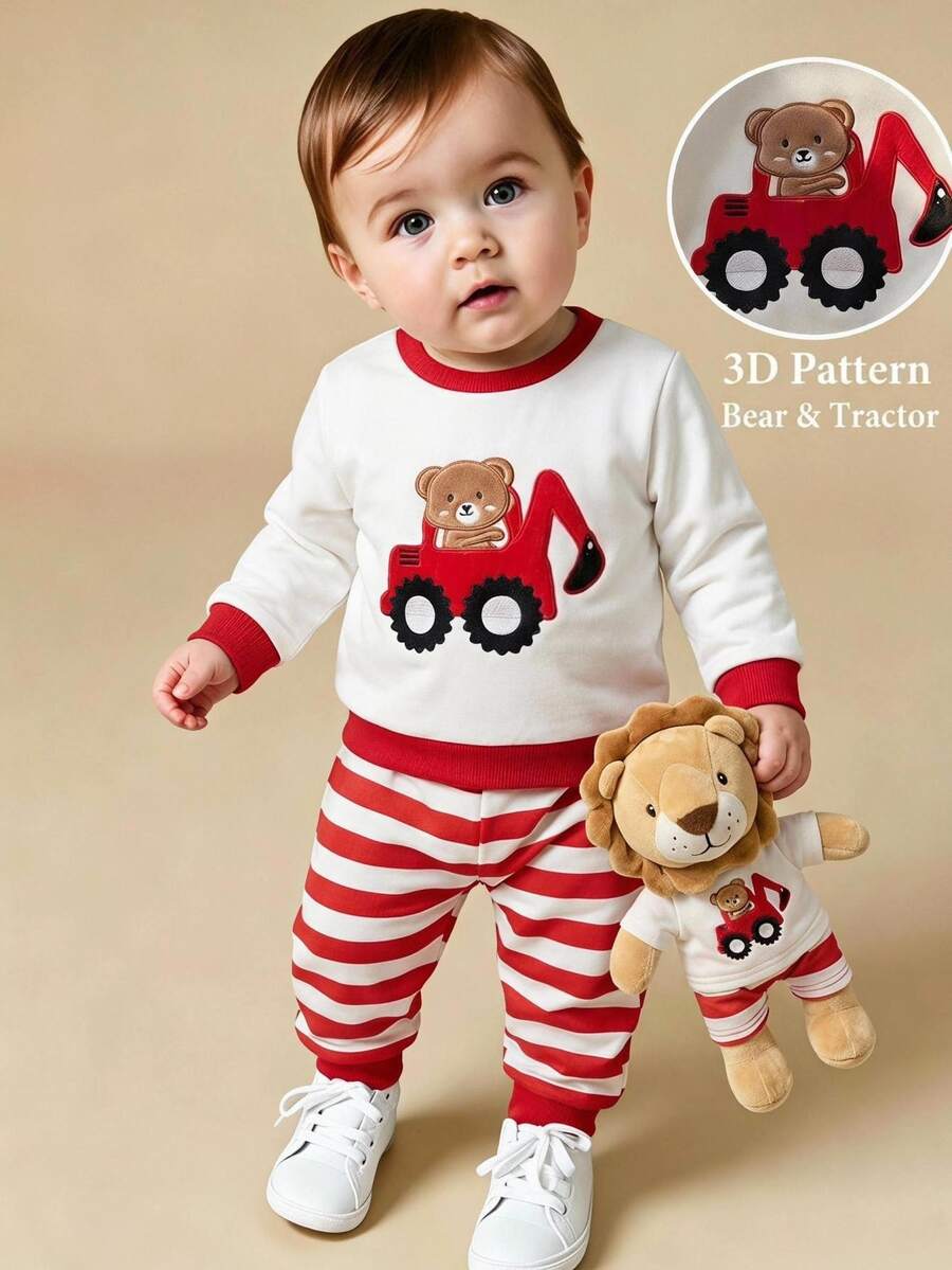 Cozy Pixies Baby Boy Cartoon Graphic Autumn Sweatshirt & Striped Print Sweatpants - Multicolor - View 1