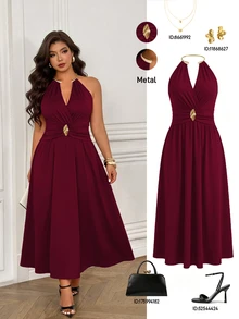 Femmeverse Gaun Halter Neck Tanpa Punggung Elegan Seksi Ukuran Plus - Burgundy - View 1