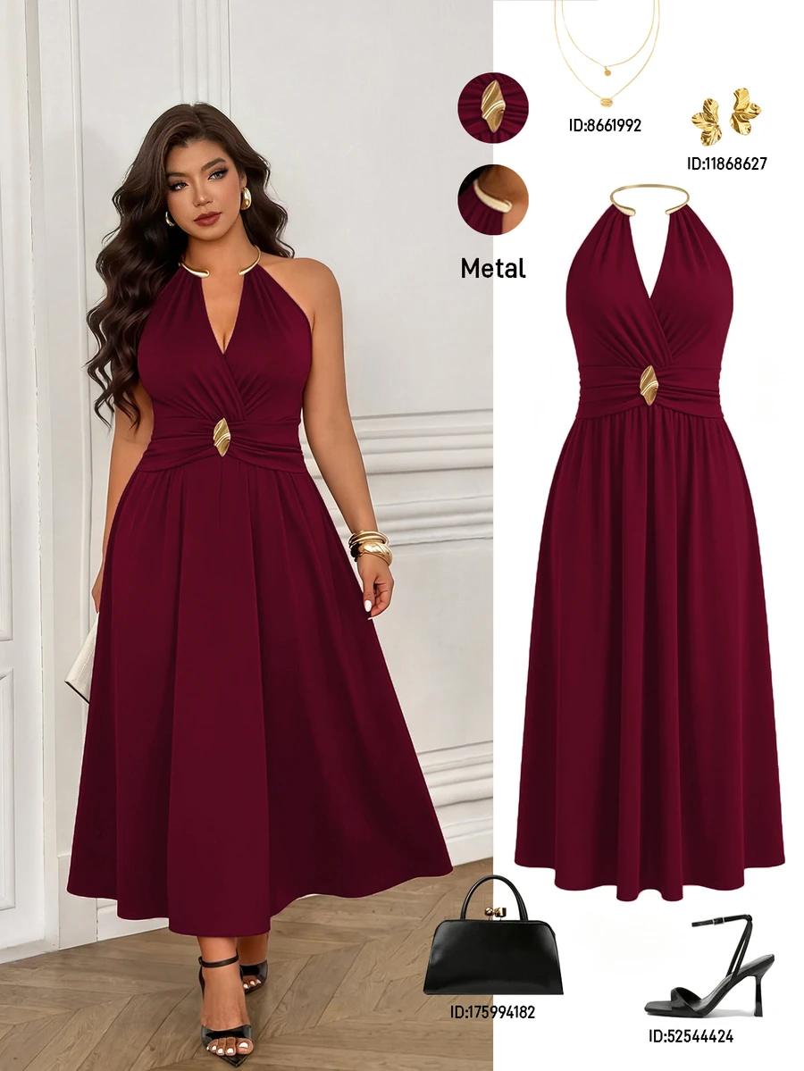 Femmeverse Gaun Halter Neck Tanpa Punggung Elegan Seksi Ukuran Plus - Burgundy - View 1