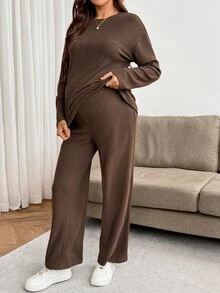 SHEIN Maternity Solid Color Round Neck Long Sleeve Top And Adjustable Waist Long Pants Casual 2 Pieces Set Fall - Brown - View 7
