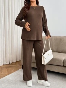 SHEIN Maternity Solid Color Round Neck Long Sleeve Top And Adjustable Waist Long Pants Casual 2 Pieces Set Fall - Brown - View 4