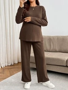 SHEIN Maternity Solid Color Round Neck Long Sleeve Top And Adjustable Waist Long Pants Casual 2 Pieces Set Fall - Brown - View 6