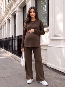 SHEIN Maternity Solid Color Round Neck Long Sleeve Top And Adjustable Waist Long Pants Casual 2 Pieces Set Fall - Brown - View 9