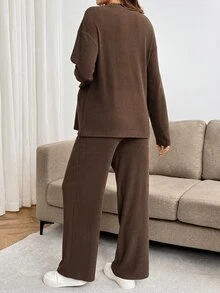 SHEIN Maternity Solid Color Round Neck Long Sleeve Top And Adjustable Waist Long Pants Casual 2 Pieces Set Fall - Brown - View 3
