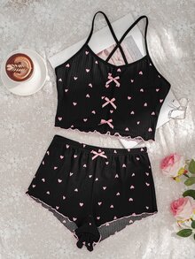 SHEIN Casual Underwear&Sleepwear 女士两件套心形印花吊带背心和短裤睡衣套装 - 黑色 - 查看 3