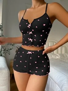 SHEIN Casual Underwear&Sleepwear 女士两件套心形印花吊带背心和短裤睡衣套装 - 黑色 - 查看 7