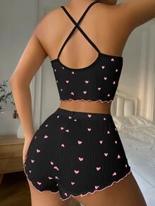 SHEIN Casual Underwear&Sleepwear 女士两件套心形印花吊带背心和短裤睡衣套装 - 黑色 - 查看 2