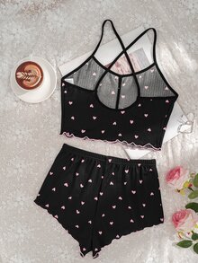 SHEIN Casual Underwear&Sleepwear 女士两件套心形印花吊带背心和短裤睡衣套装 - 黑色 - 查看 4