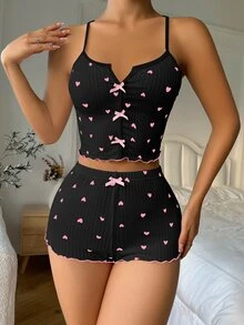 SHEIN Casual Underwear&Sleepwear 女士两件套心形印花吊带背心和短裤睡衣套装 - 黑色 - 查看 6