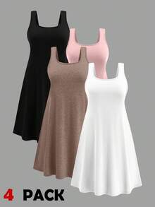 SHEIN LUNE 4件套加大码吊带连衣裙套装，基础款舒适凉感连衣裙，舒缓压力套装，优雅时尚女士休闲家居服，夏季连衣裙，简约连衣裙，吊带连衣裙，迷你连衣裙 - 彩色 - 查看 1