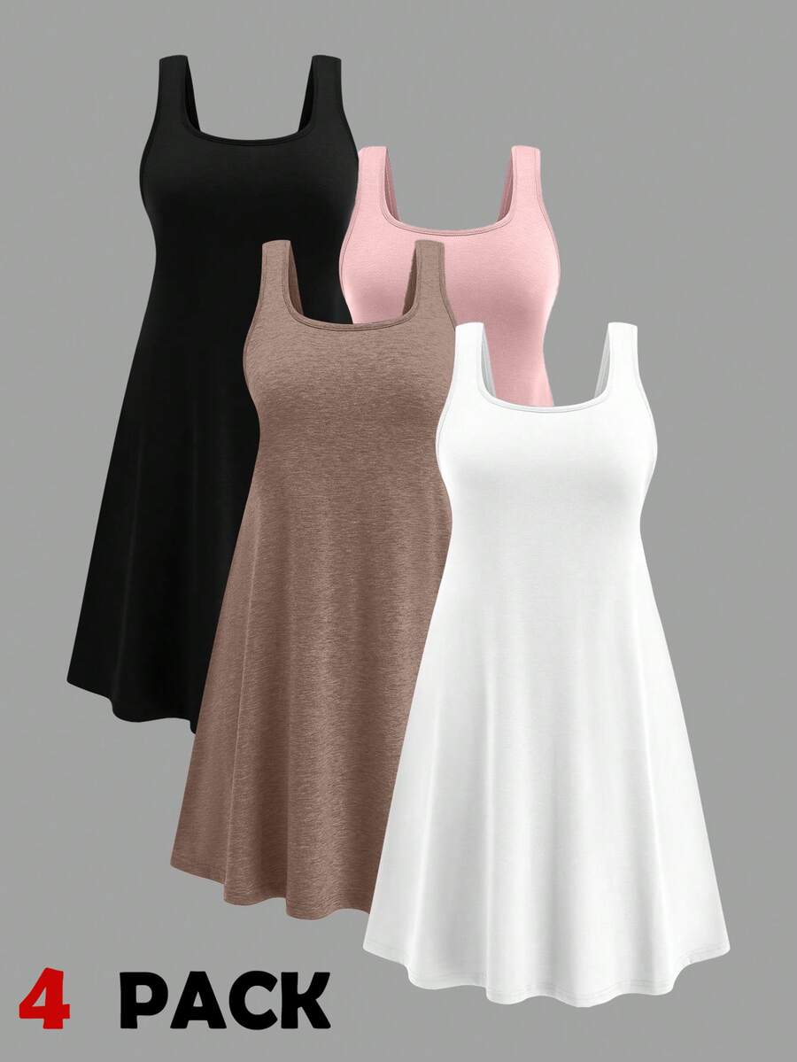 SHEIN LUNE 4件套加大码吊带连衣裙套装，基础款舒适凉感连衣裙，舒缓压力套装，优雅时尚女士休闲家居服，夏季连衣裙，简约连衣裙，吊带连衣裙，迷你连衣裙 - 彩色 - 查看 1