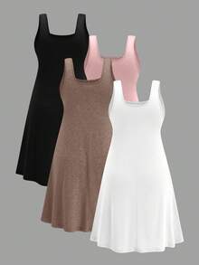 SHEIN LUNE 4件套加大码吊带连衣裙套装，基础款舒适凉感连衣裙，舒缓压力套装，优雅时尚女士休闲家居服，夏季连衣裙，简约连衣裙，吊带连衣裙，迷你连衣裙 - 彩色 - 查看 2