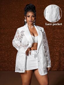 Maweii Plus Size Elegant Vintage Party Lace Blazer Fall - White - View 1