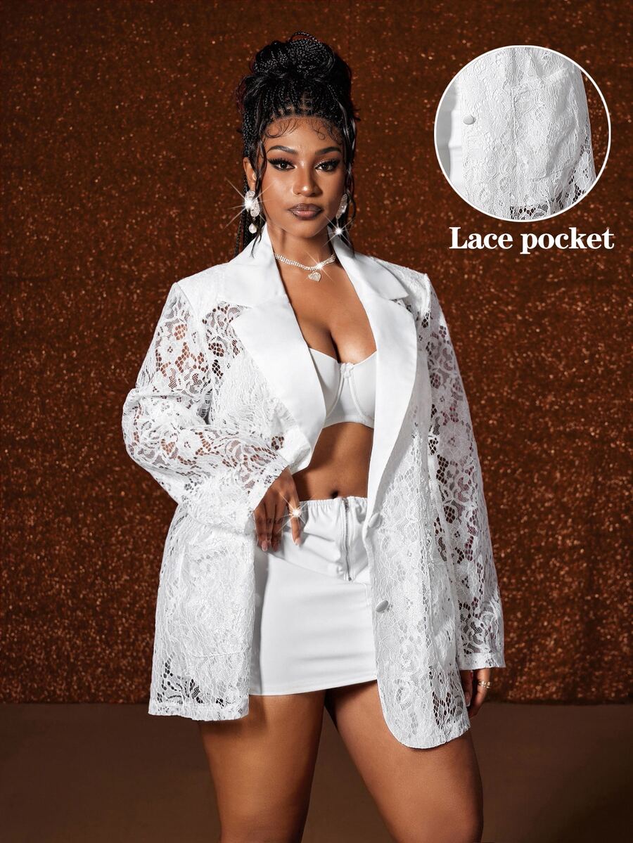 Maweii Plus Size Elegant Vintage Party Lace Blazer Fall - White - View 1