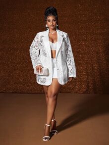 Maweii Plus Size Elegant Vintage Party Lace Blazer Fall - White - View 8