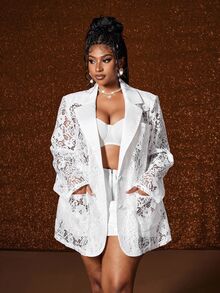 Maweii Plus Size Elegant Vintage Party Lace Blazer Fall - White - View 3
