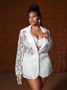 Maweii Plus Size Elegant Vintage Party Lace Blazer Fall - White - View 6