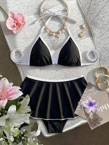 Swim SXY 大尺碼女款 2 件組性感度假海灘夏季套裝 細肩帶波點印花上衣搭配對比色荷葉邊比基尼泳褲 - 黑與白 - 查看 9