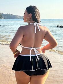Swim SXY 大尺碼女款 2 件組性感度假海灘夏季套裝 細肩帶波點印花上衣搭配對比色荷葉邊比基尼泳褲 - 黑與白 - 查看 3
