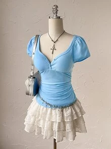 Attitoon 女款純色甜心領鈕扣設計短袖休閒T恤 - 淺藍色 - 查看 3