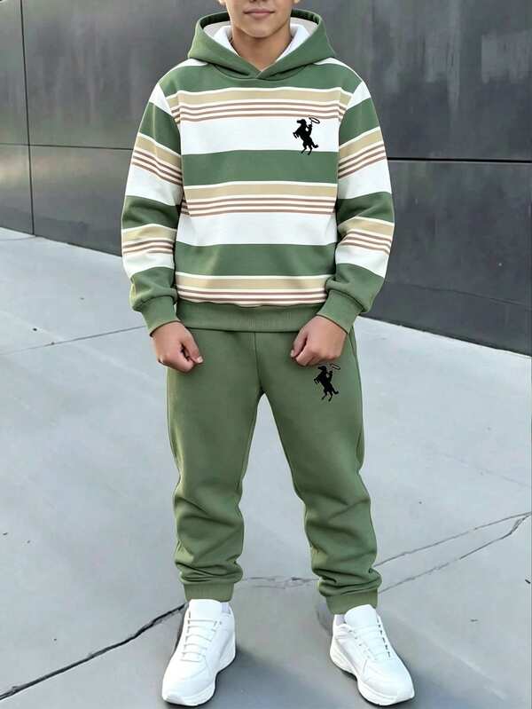 2pcs Tween Boys Hoodie Set Vintage Green Striped Print Oversized Long Sleeve Hooded Daily School Autumn Fall Back To School