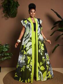 Maweii Plus Size Contrast Color Cap Sleeve Ruffle Hem Long Dress 2 Pieces Set, Summer - Multicolor - View 4