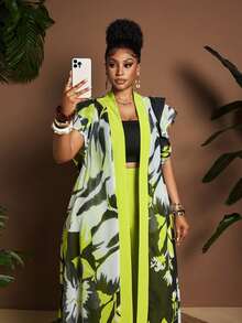 Maweii Plus Size Contrast Color Cap Sleeve Ruffle Hem Long Dress 2 Pieces Set, Summer - Multicolor - View 5