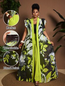 Maweii Plus Size Contrast Color Cap Sleeve Ruffle Hem Long Dress 2 Pieces Set, Summer - Multicolor - View 1