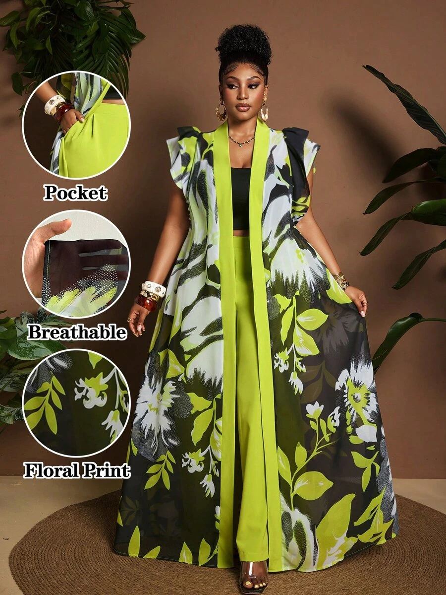 Maweii Plus Size Contrast Color Cap Sleeve Ruffle Hem Long Dress 2 Pieces Set, Summer - Multicolor - View 1