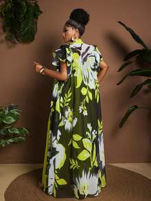 Maweii Plus Size Contrast Color Cap Sleeve Ruffle Hem Long Dress 2 Pieces Set, Summer - Multicolor - View 2