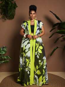 Maweii Plus Size Contrast Color Cap Sleeve Ruffle Hem Long Dress 2 Pieces Set, Summer - Multicolor - View 7