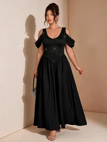 Cravure Women's Plus Size Spring Summer Autumn Date Formal Wedding Guest Party Ball Off-Shoulder Draped Sleeve Waist-Cinching A-Line Maxi Dress Black - Black - View 6