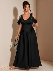 Cravure Women's Plus Size Spring Summer Autumn Date Formal Wedding Guest Party Ball Off-Shoulder Draped Sleeve Waist-Cinching A-Line Maxi Dress Black - Black - View 7