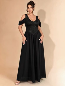 Cravure Women's Plus Size Spring Summer Autumn Date Formal Wedding Guest Party Ball Off-Shoulder Draped Sleeve Waist-Cinching A-Line Maxi Dress Black - Black - View 2
