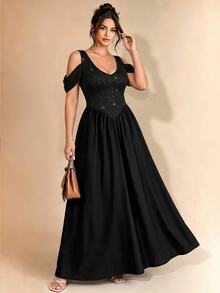 Cravure Women's Plus Size Spring Summer Autumn Date Formal Wedding Guest Party Ball Off-Shoulder Draped Sleeve Waist-Cinching A-Line Maxi Dress Black - Black - View 3