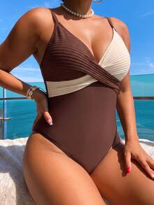 Swim Vcay Plus Size One-Piece Brown Ribbed Texture & Beige Ribbed Texture Patchwork Scoop Neck Women Swimsuit, Suitable For Summer Beach And Vacation - Brown - View 4