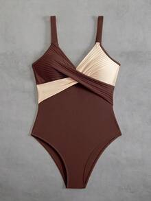 Swim Vcay Plus Size One-Piece Brown Ribbed Texture & Beige Ribbed Texture Patchwork Scoop Neck Women Swimsuit, Suitable For Summer Beach And Vacation - Brown - View 5