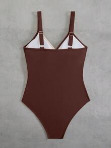 Swim Vcay Plus Size One-Piece Brown Ribbed Texture & Beige Ribbed Texture Patchwork Scoop Neck Women Swimsuit, Suitable For Summer Beach And Vacation - Brown - View 3