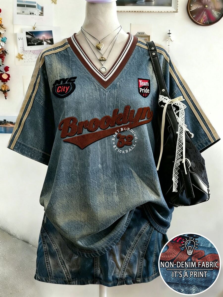 Lalippa 女款V領復古藍色英文字母印花上衣，寬鬆舒適T恤，夏季出遊上衣，休閒百搭，日常穿著，戶外，購物，街頭風格戶外 - 彩色 - 查看 1