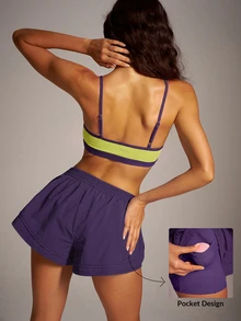 VARSIVA Women's Colorblock Spaghetti Strap Top And Shorts Casual Daily Sports Set - Purple - View 11