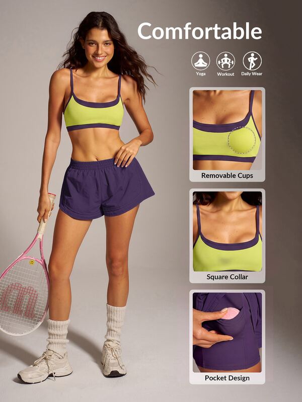 VARSIVA Women's Colorblock Spaghetti Strap Top And Shorts Casual Daily Sports Set