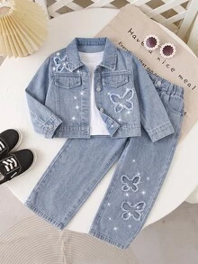 SHEIN ChillGRL 女童返校牛仔兩件套，短版翻領牛仔外套，水鑽裝飾毛邊下擺蝴蝶拼接寬腿長褲休閒套裝 - 淺色水洗藍 - 查看 5