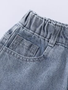 SHEIN ChillGRL 女童返校牛仔兩件套，短版翻領牛仔外套，水鑽裝飾毛邊下擺蝴蝶拼接寬腿長褲休閒套裝 - 淺色水洗藍 - 查看 6