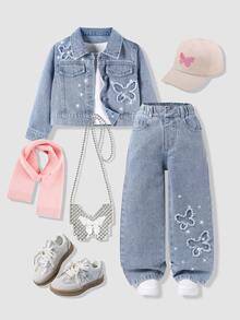 SHEIN ChillGRL 女童返校牛仔兩件套，短版翻領牛仔外套，水鑽裝飾毛邊下擺蝴蝶拼接寬腿長褲休閒套裝 - 淺色水洗藍 - 查看 3