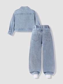 SHEIN ChillGRL 女童返校牛仔兩件套，短版翻領牛仔外套，水鑽裝飾毛邊下擺蝴蝶拼接寬腿長褲休閒套裝 - 淺色水洗藍 - 查看 2