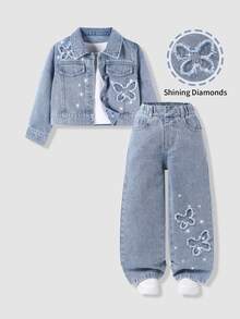 SHEIN ChillGRL 女童返校牛仔兩件套，短版翻領牛仔外套，水鑽裝飾毛邊下擺蝴蝶拼接寬腿長褲休閒套裝 - 淺色水洗藍 - 查看 4